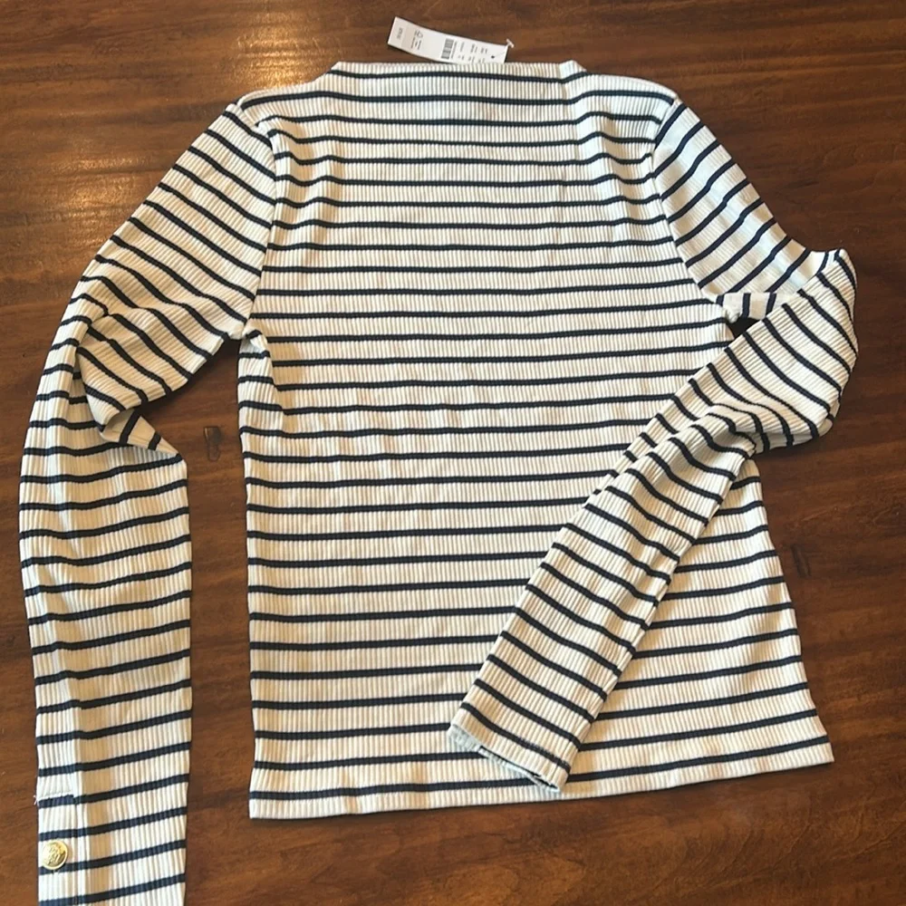 J. Crew Vintage rib split-neck T-shirt buttons stripe BW780 S blue w… - Picture 3 of 4